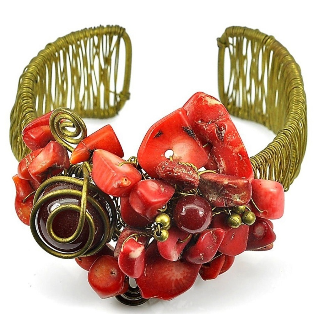 Handmade Brass Bangle Bracelet with Red Agate -‎ Adjustable